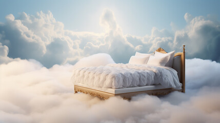 3D image of queen bed floating on the clouds. Fantasy and dream concepts. - obrazy, fototapety, plakaty