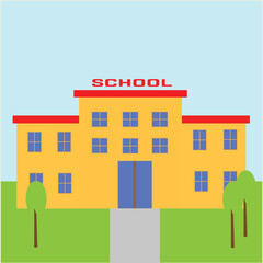 Front view of a classic school building with big windows and doors. Flat, cartoon style vector illustration. Elementary or high school architecture with trees and shrubs