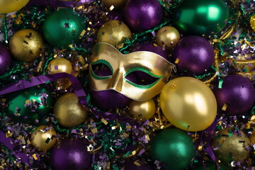 Mardi Gras mask, balloons and sparkles