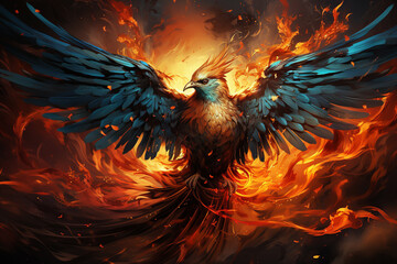  Captivating visual representation of the mythical phoenix, a symbol of rebirth and renewal, engulfed in mesmerizing flames. Ai generated