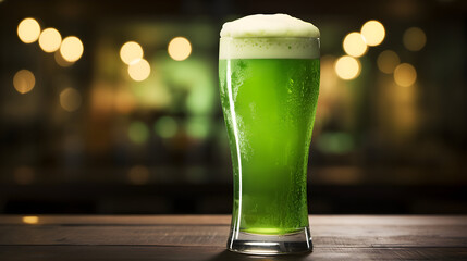 glass of green beer on table, st patricks day concept