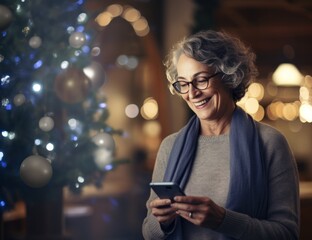 An Older Woman Captivated by Her Cell Phone While Admiring a Christmas Tree