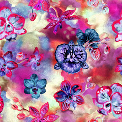 Seamless pattern of phalaenopsis orchids in blue and crimson tones, print for fabric, and other products. - 679717887