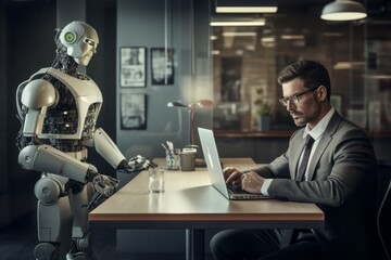 Futuristic business team of AI and Human Concept of human vs AI or cooperation.