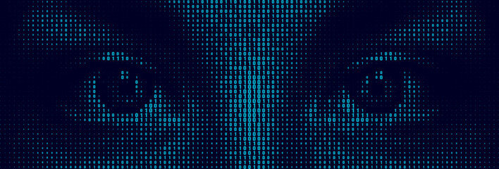 Halftone letter binary code pattern forming a pair of eyes. Coding language symbols forming a human form. Artificial intelligence technology futuristic background. - obrazy, fototapety, plakaty