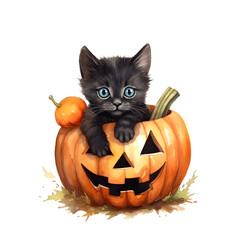 Watercolor cute clipart halloween black cat with jack o lantern on transparent background. sublimation, tshirt, mug, pillow, tumbler, print