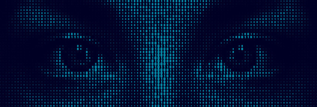 Halftone letter binary code pattern forming a pair of eyes. Coding language symbols forming a human form. Artificial intelligence technology futuristic background.