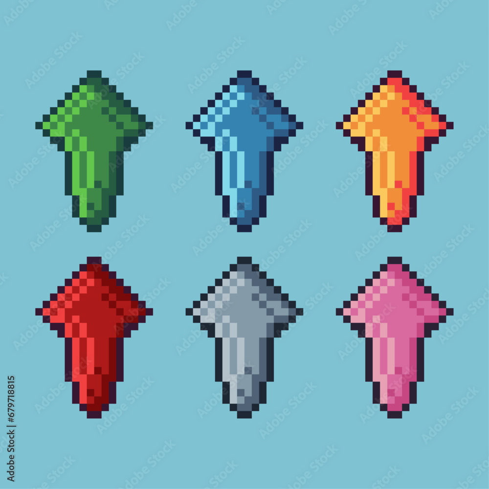 Poster pixel art sets of up arrow with variation color item asset.upper arrow sign on pixelated style. 8bit
