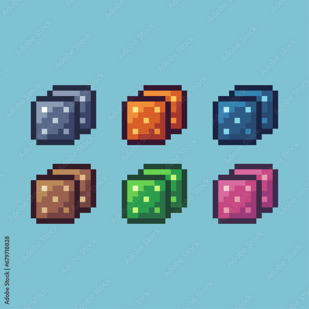 Poster pixel art sets of dice five with variation color item asset. dice gambling on pixelated style. 8bits