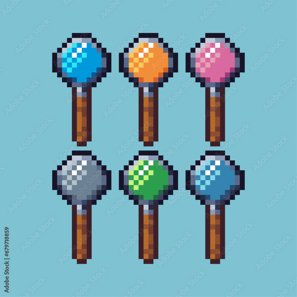 Poster pixel art sets of magnifying glass with variation color item asset. magnifying glass on pixelated st
