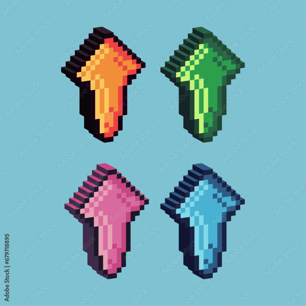 Poster isometric pixel art 3d of arrow up for items asset. arrow up on pixelated style.8bits perfect for ga