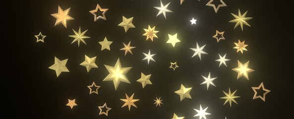 Banner with golden decoration. Festive border with falling glitter dust and stars.