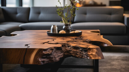 Une belle table en bois moderne dans le salon d'une maison. - obrazy, fototapety, plakaty