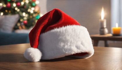 Obraz na płótnie Canvas A Santa Claus hat on a wooden table. 