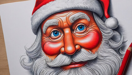 Humorous Santa Claus face drawn with colored pencils, Generative Ai