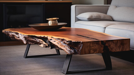 Une table basse en bois au design moderne dans le salon d'un appartement. 