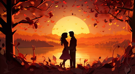 Paper cut. Couple lovers in park, under tree, in sunset Valentine's day illustration