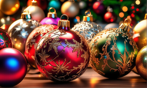 Delicately decorated colorful Christmas tree decoration balls.
