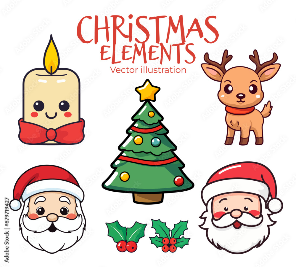 Wall mural winsome gathering of christmas elements in flat design for kids: beaming santa claus head, reindeer,