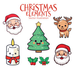 Delightful Assortment of Christmas Elements in Flat Design for Children: Cheerful Santa Claus Face, Reindeer, Candle, and Christmas Tree - Transparent Background