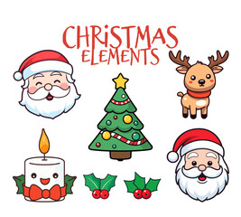 Charming Collection of Christmas Elements in Flat Design for Kids: Joyful Santa Claus Head, Reindeer, Candle, and Christmas Tree - Transparent Background