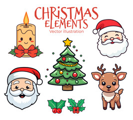 Adorable Set of Christmas Elements in Flat Design for Children: Smiling Santa Claus Head, Reindeer, Candle, and Christmas Tree - Transparent Background