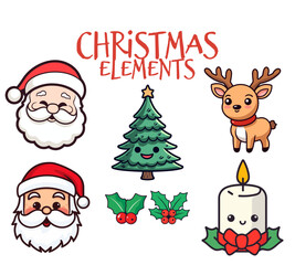 Captivating Ensemble of Christmas Elements in Flat Design for Kids: Happy-go-lucky Santa Claus Head, Reindeer, Candle, and Christmas Tree - Transparent Background