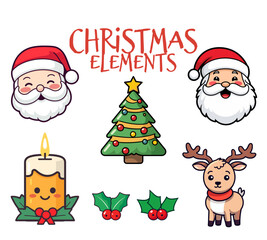 Pleasing Array of Christmas Elements in Flat Design for Children: Jolly Santa Claus Head, Reindeer, Candle, and Christmas Tree - Transparent Background