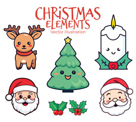 Enchanting Bunch of Christmas Elements in Flat Design for Children: Laughing Santa Claus Head, Reindeer, Candle, and Christmas Tree - Transparent Background