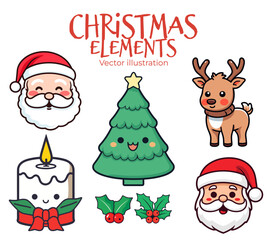 Appealing Selection of Christmas Elements in Flat Design for Kids: Gleeful Santa Claus Head, Reindeer, Candle, and Christmas Tree - Transparent Background