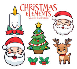 Fototapeta na wymiar Attractive Group of Christmas Elements in Flat Design for Children: Grinning Santa Claus Head, Reindeer, Candle, and Christmas Tree - Transparent Background