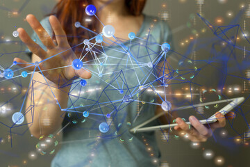 abstract lines with dots over dark background.  - neural network exposure digital