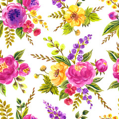 Seamless pattern of watercolor bouquets on a white background, print for fabric, and other products. - 679719649