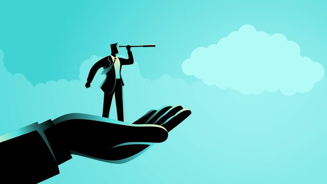 Business concept motion graphics of a hand holding a businessman using telescope