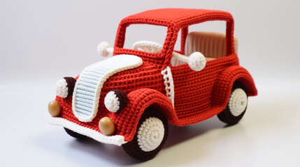 Crochet a cute car toy on white background. Aspect ratio 9:16.