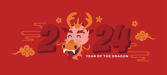 Chinese new year 2024 year of the dragon banner with zodiac sign and golden color ornament concept