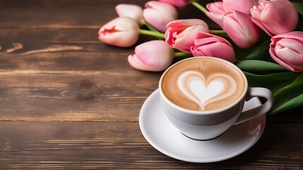 Fototapeta na wymiar Cup of coffee and pink tulips. Valentine's Day background, copy space.