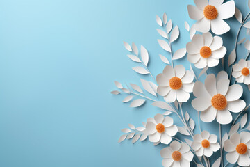 Paper cut flowers and leaves, Fresh spring nature background. Floral banner, poster, flyer template with copy space.