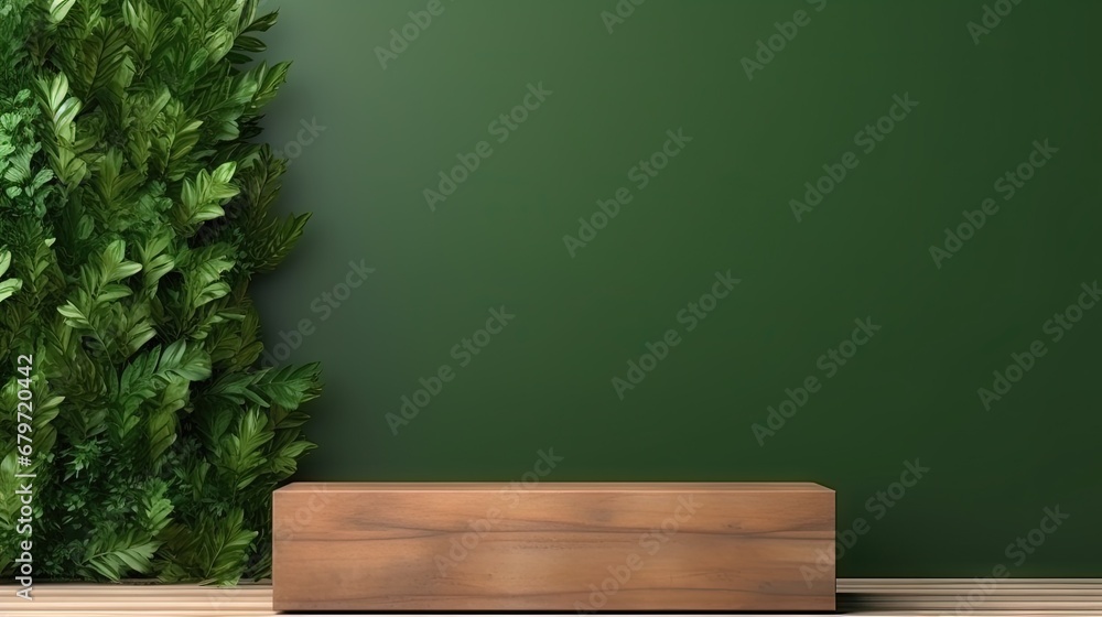 Poster wood podium presentation mock up for product presentation on green wall.3d rendering