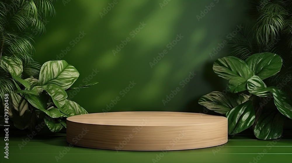 Poster Wood podium presentation mock up for product presentation on green wall.3d rendering
