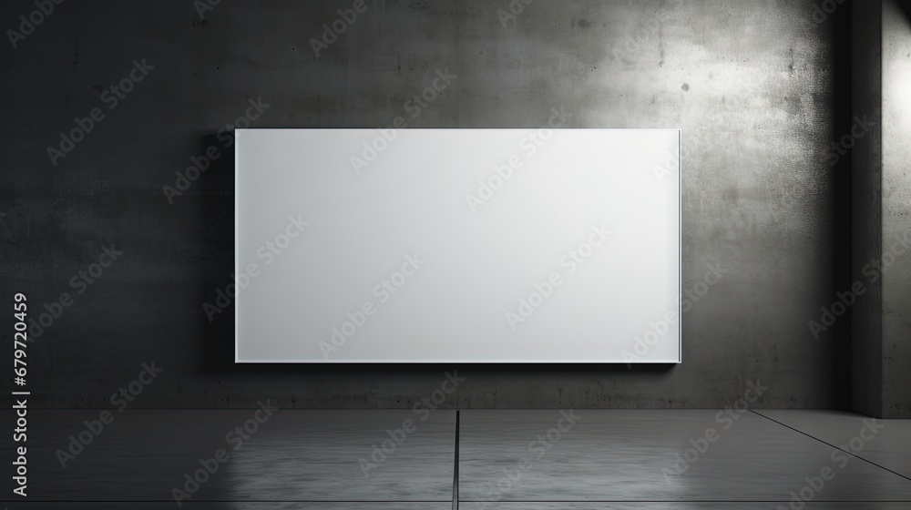 Poster front view on blank white billboard with place for your text or logo in the center of empty room wit