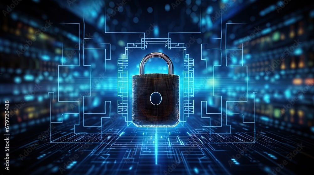 Aufkleber Digital cybersecurity hud hologram with glowing lock and network circuit. Concept of internet security and global protection. 3D rendering