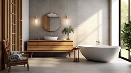 Interior of luxury bathroom with gray tile walls, concrete floor, white bathtub and double sink with a round mirror hanging above it. Wooden ladder in the corner. 3d rendering - obrazy, fototapety, plakaty