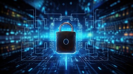 Digital cybersecurity hud hologram with glowing lock and network circuit. Concept of internet security and global protection. 3D rendering