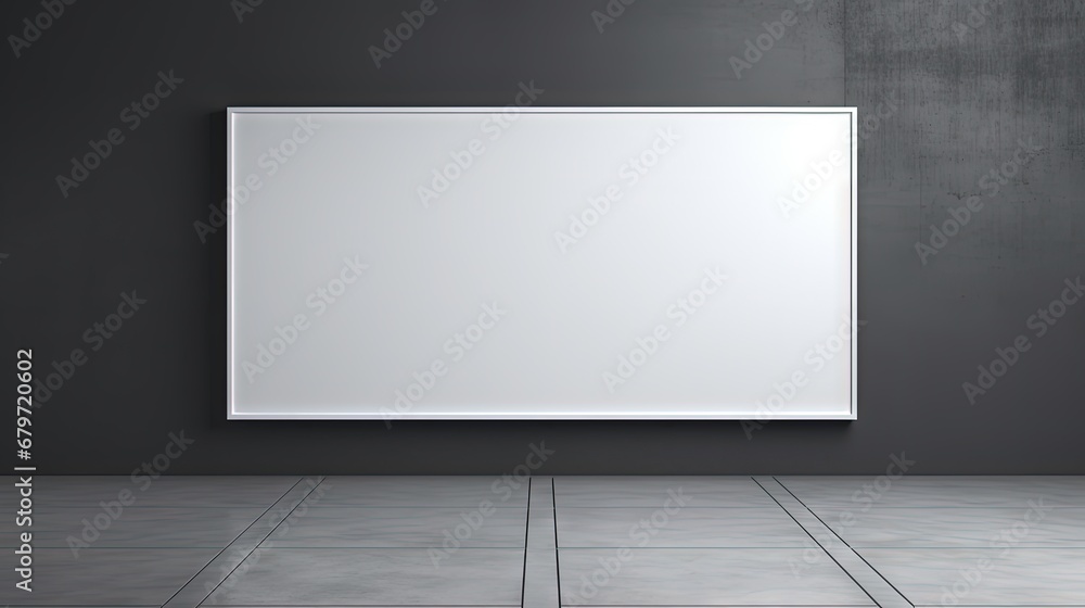 Leinwandbilder Front view on blank white billboard with place for your text or logo in the center of empty room with glossy floor and dark grey wall background. 3D rendering, mockup