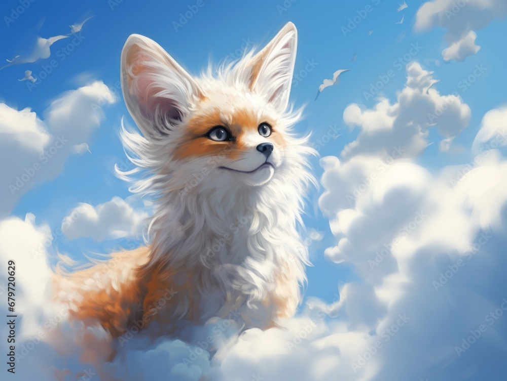Poster a digital painting of a fox in the clouds with a blue sky in the background and clouds in the foregr