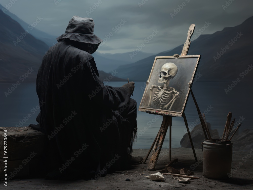 Poster a skeleton sitting in front of an easel with a painting of a skeleton on it's easel.