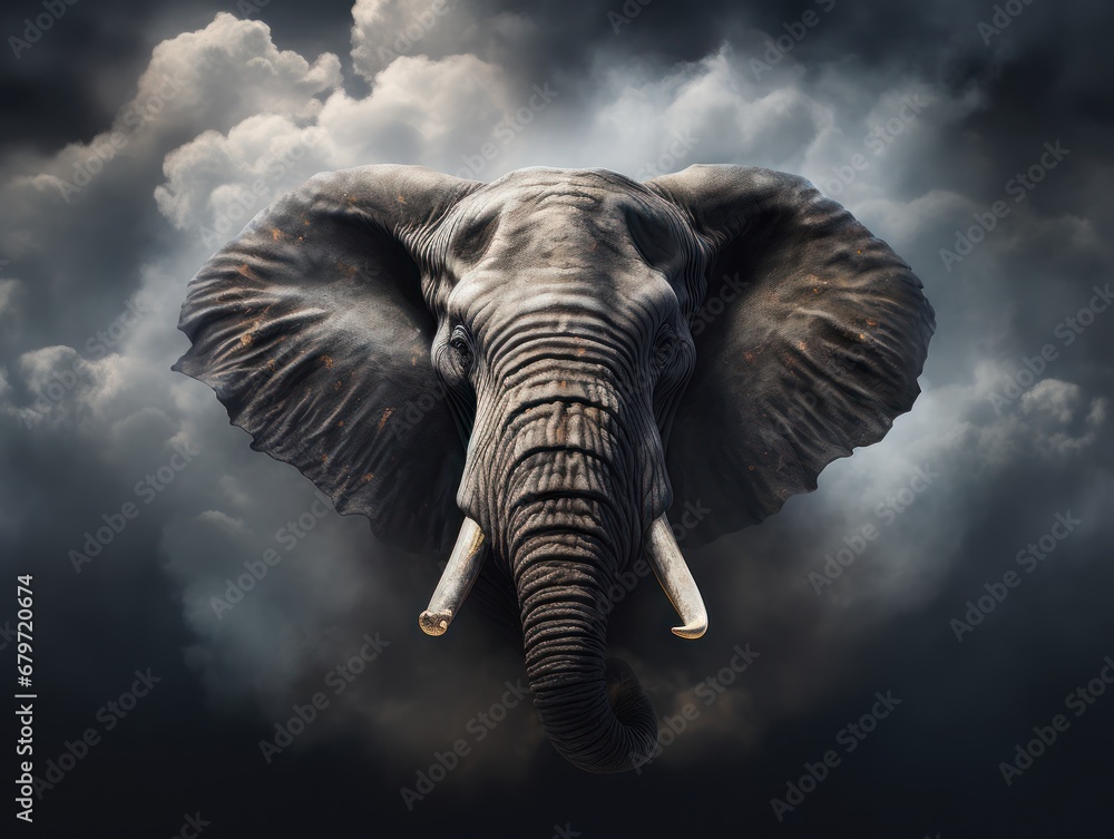 Poster an elephant with tusks standing in the middle of a cloudy sky with a bright light coming from behind