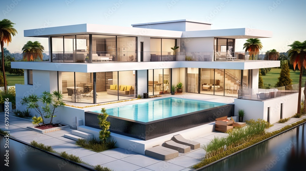Poster 3d rendering and plan of a beautiful modern house with swimming pool