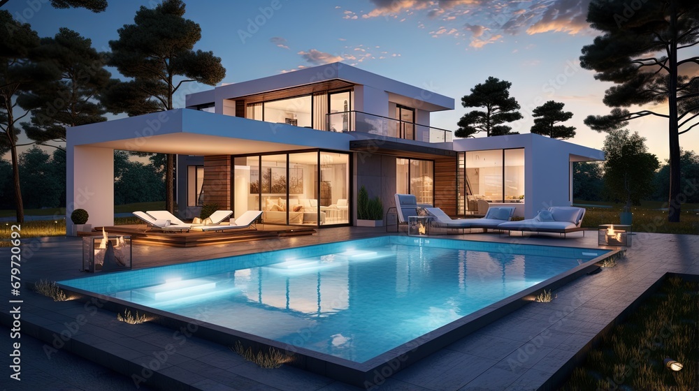 Poster 3d rendering and plan of a beautiful modern house with swimming pool